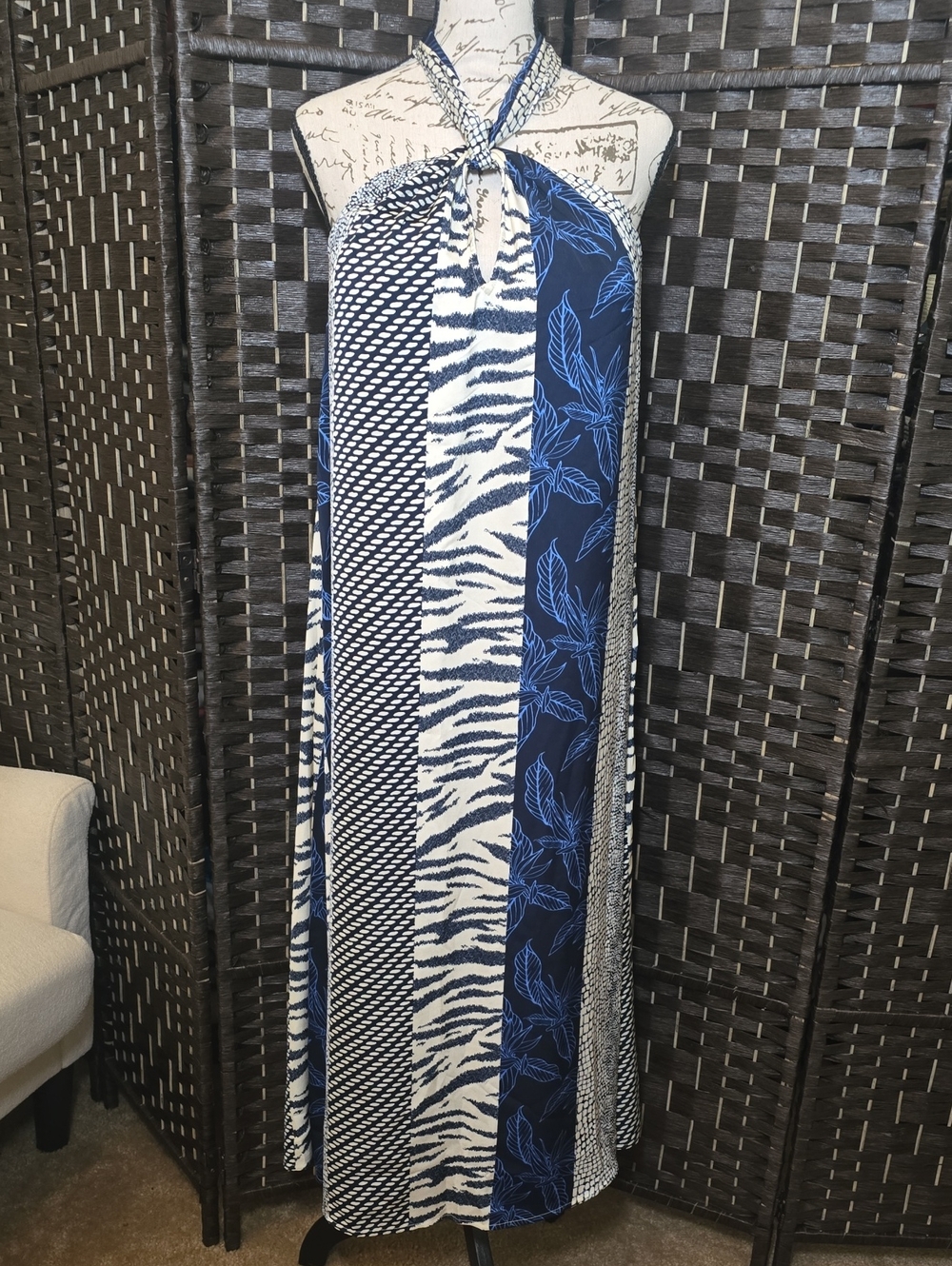 Banana Republic NWT Mixed Print Twist Neck Halter Midi Dress Navy White M